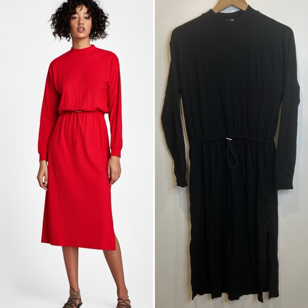 Zara Ribbed High Neck Long Sleeve Stretch Midi Dress Black
